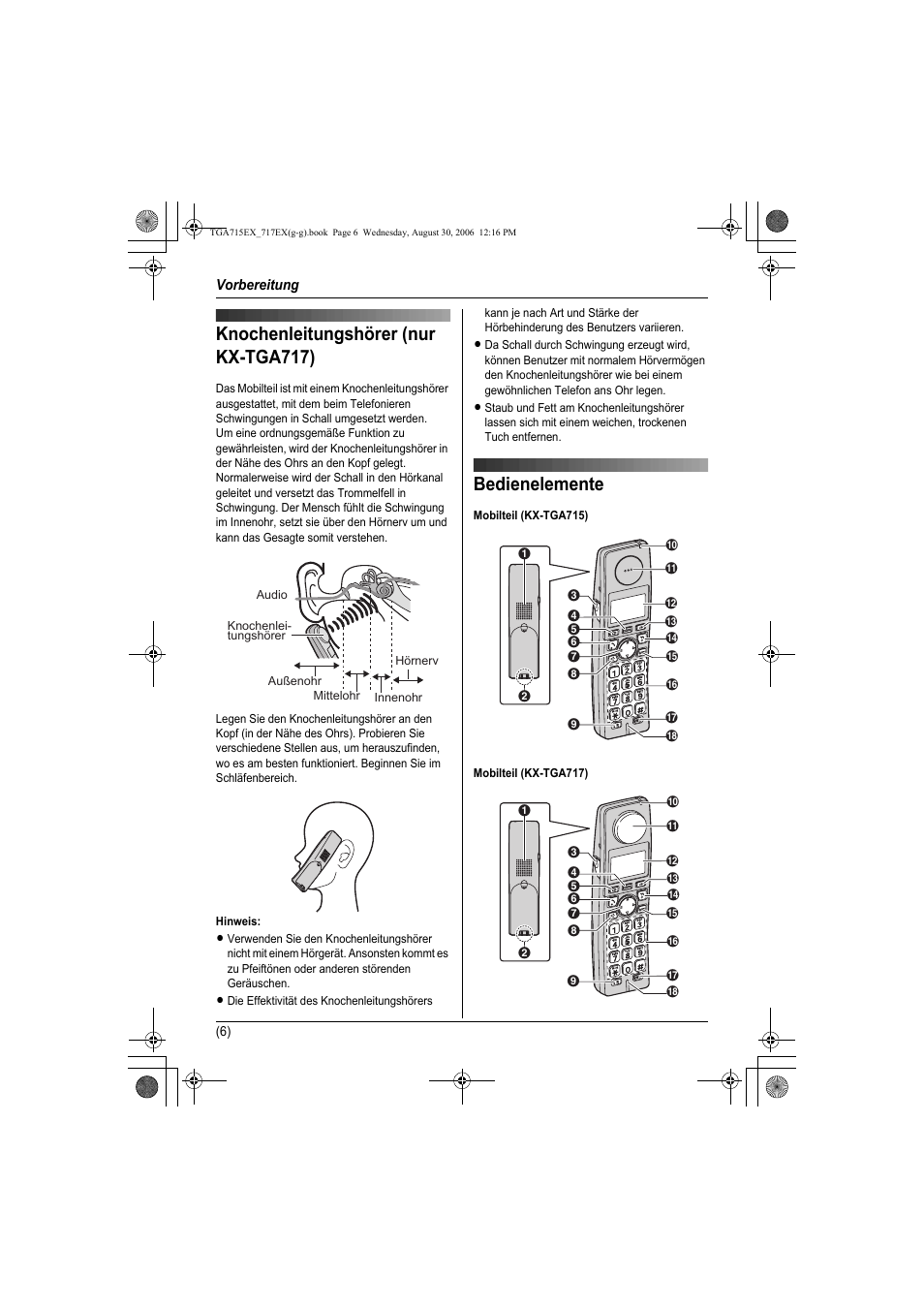 Bedienelemente, Knochenleitungshörer (nur kx-tga717) | Panasonic KXTGA717EX User Manual | Page 30 / 80