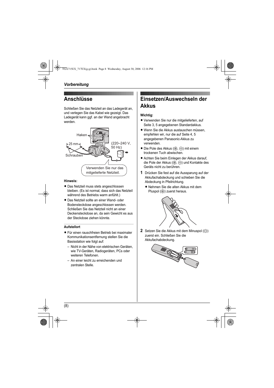 Anschlüsse einsetzen/auswechseln der akkus, Anschlüsse, Einsetzen/auswechseln der akkus | Panasonic KXTGA717EX User Manual | Page 32 / 80