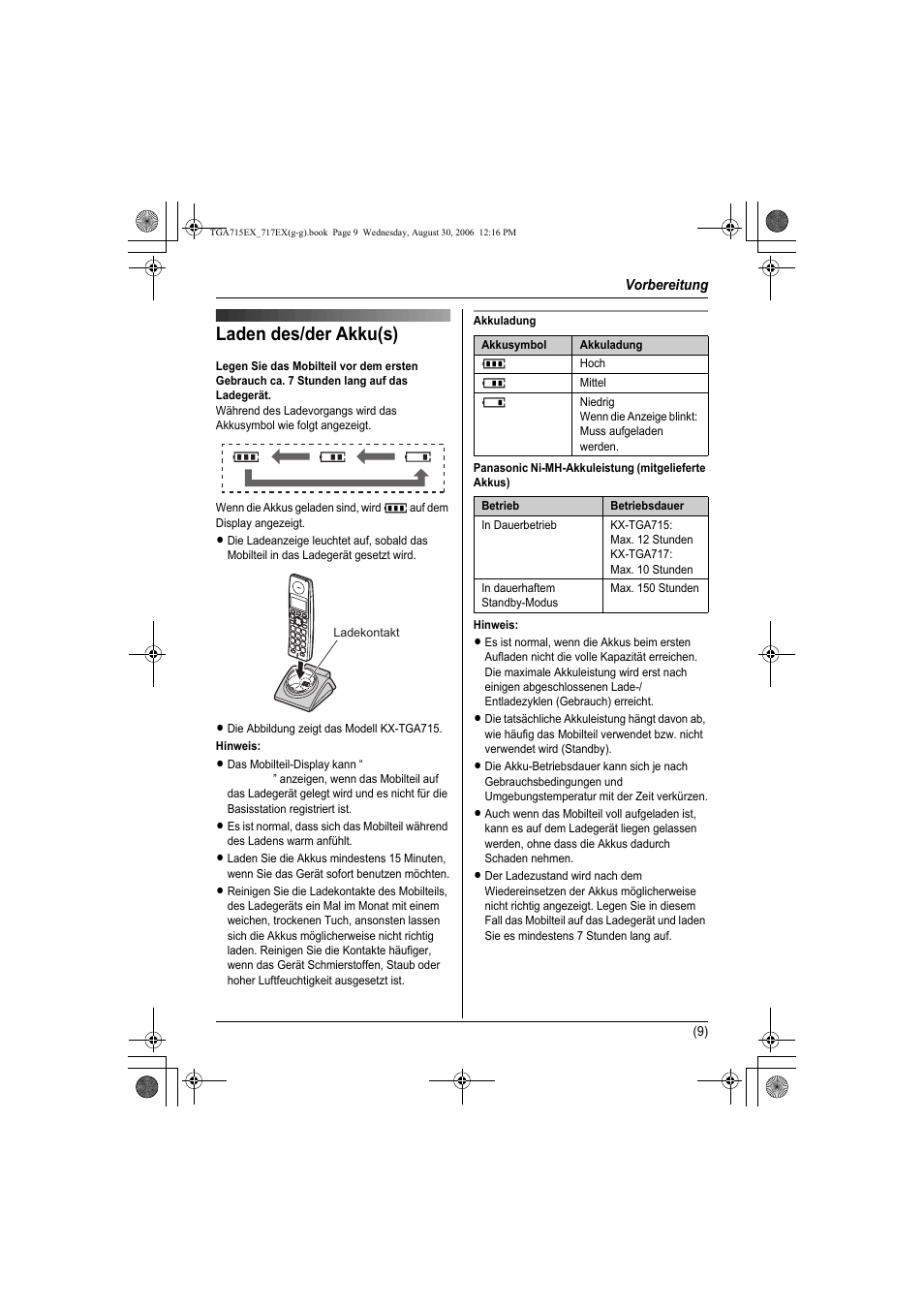 Laden des/der akku(s) | Panasonic KXTGA717EX User Manual | Page 33 / 80