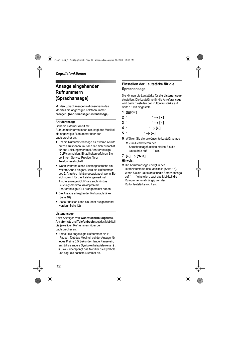 Zugriffsfunktionen, Ansage eingehender rufnummern (sprachansage) | Panasonic KXTGA717EX User Manual | Page 36 / 80