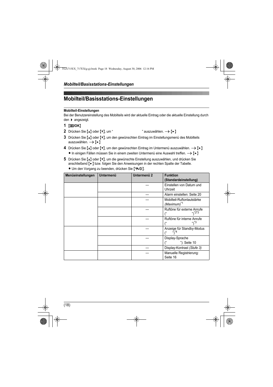 Mobilteil/basisstations- einstellungen, Mobilteil/basisstations-einstellungen, Seite 18) | Seite 18 mit, Seite 18 | Panasonic KXTGA717EX User Manual | Page 42 / 80