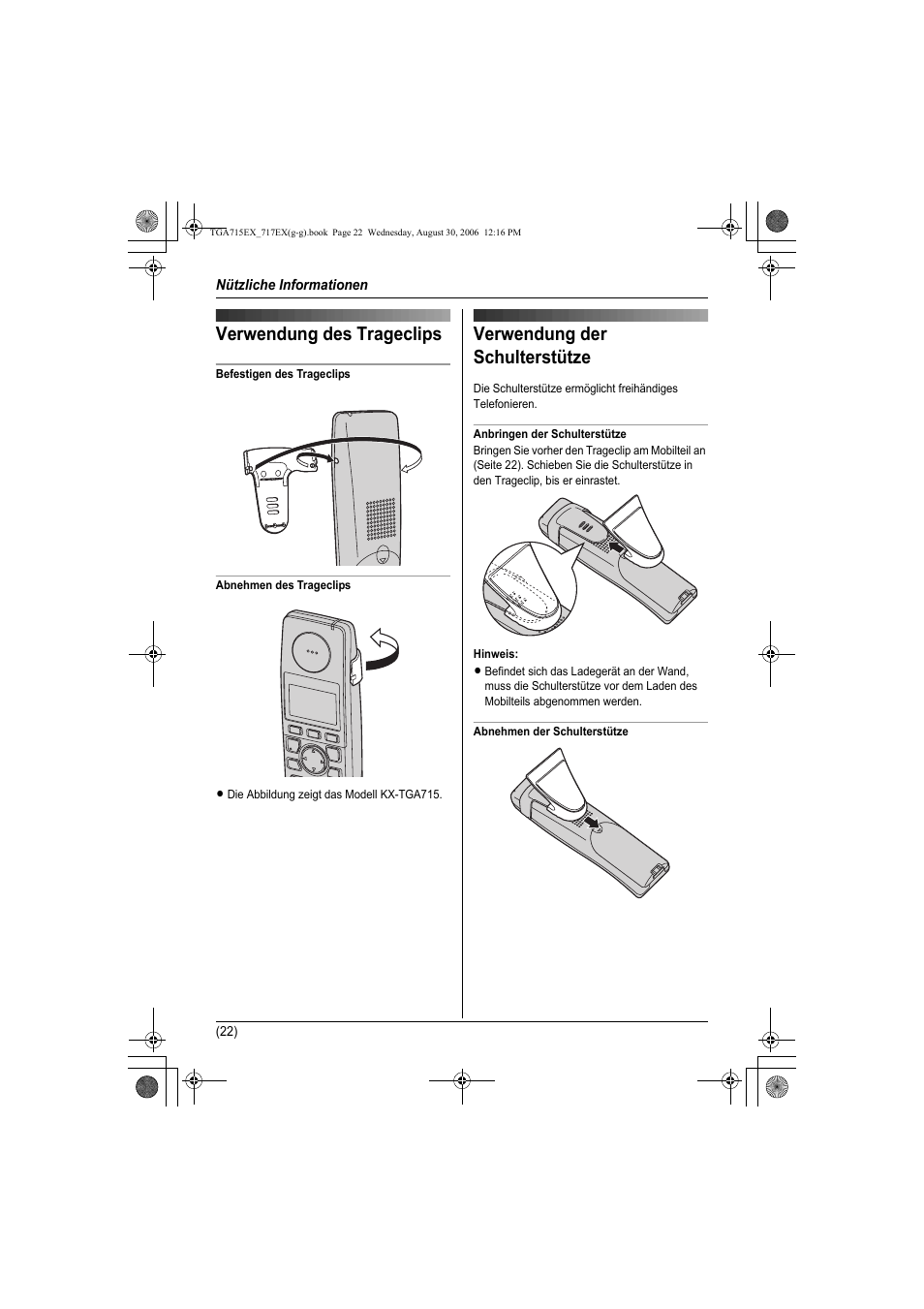 Nützliche informationen, Verwendung des trageclips, Verwendung der schulterstütze | Panasonic KXTGA717EX User Manual | Page 46 / 80