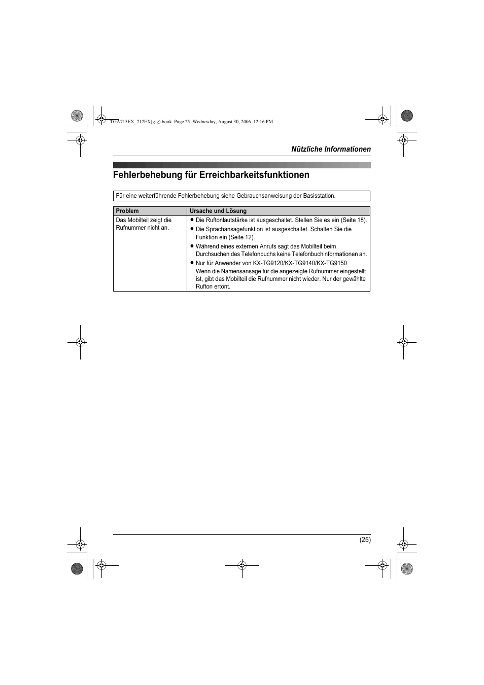 Fehlerbehebung für erreichbarkeitsfunktionen25, Fehlerbehebung für erreichbarkeitsfunktionen | Panasonic KXTGA717EX User Manual | Page 49 / 80