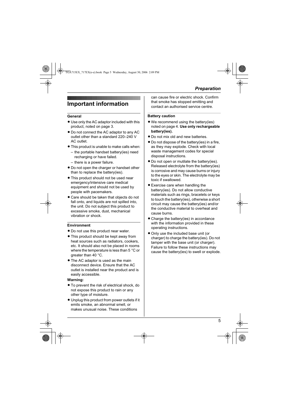 Important information | Panasonic KXTGA717EX User Manual | Page 5 / 80