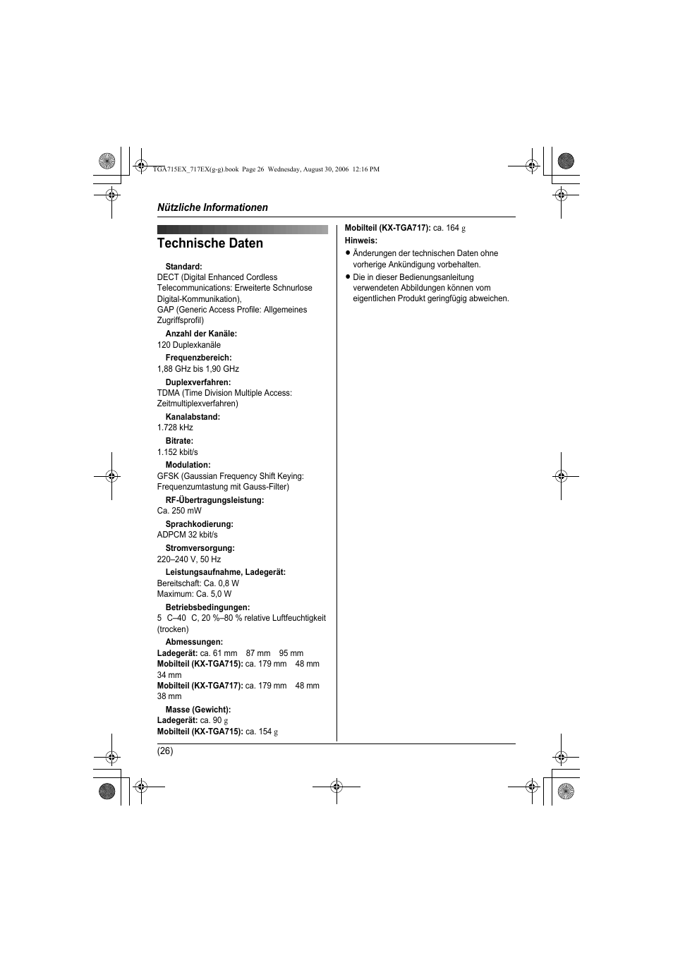 Technische daten | Panasonic KXTGA717EX User Manual | Page 50 / 80