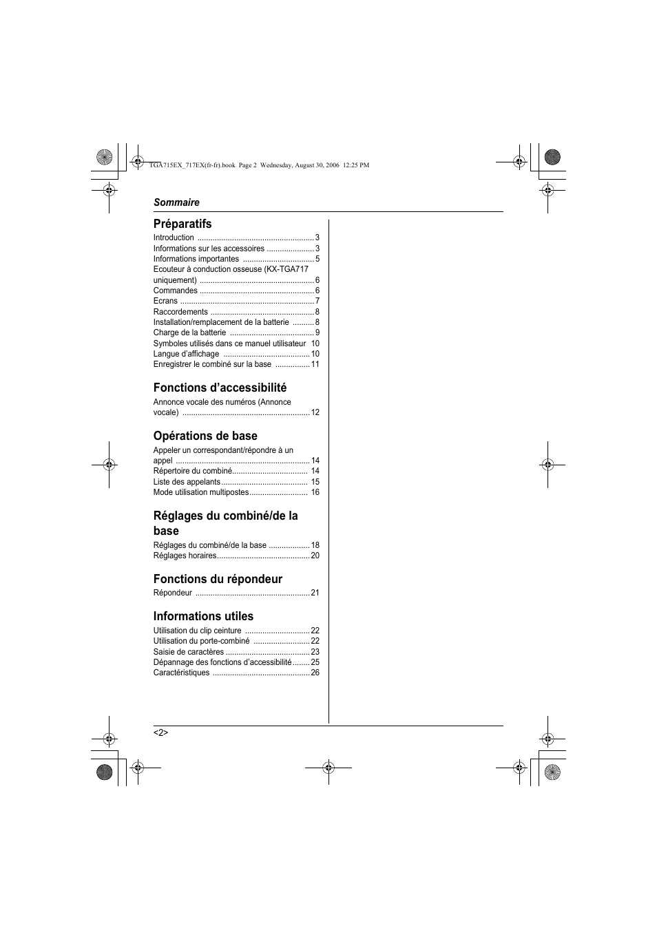 Préparatifs, Fonctions d’accessibilité, Opérations de base | Réglages du combiné/de la base, Fonctions du répondeur, Informations utiles | Panasonic KXTGA717EX User Manual | Page 54 / 80