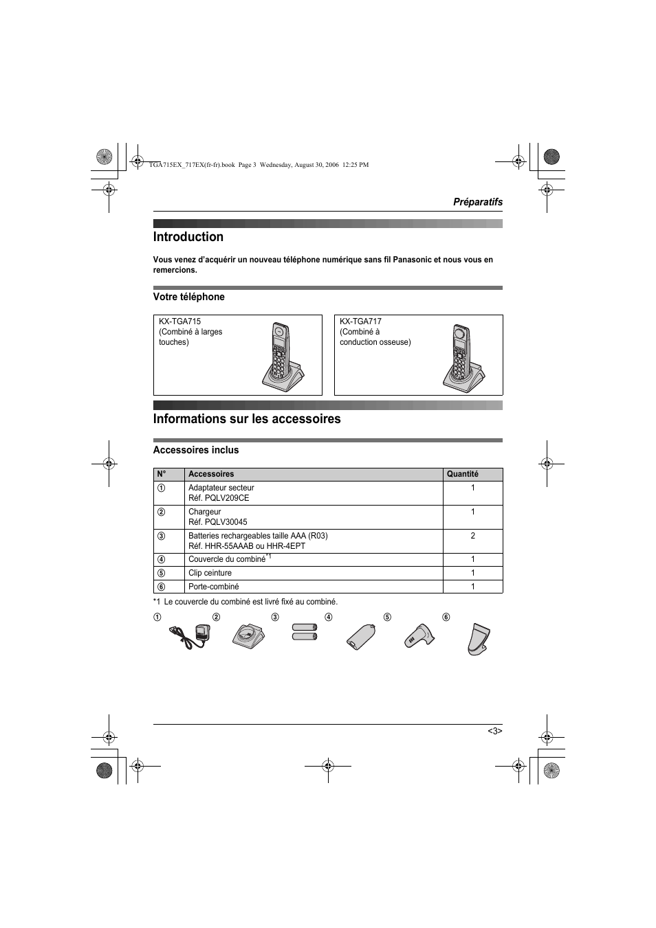 Préparatifs, Introduction informations sur les accessoires, Introduction | Informations sur les accessoires | Panasonic KXTGA717EX User Manual | Page 55 / 80