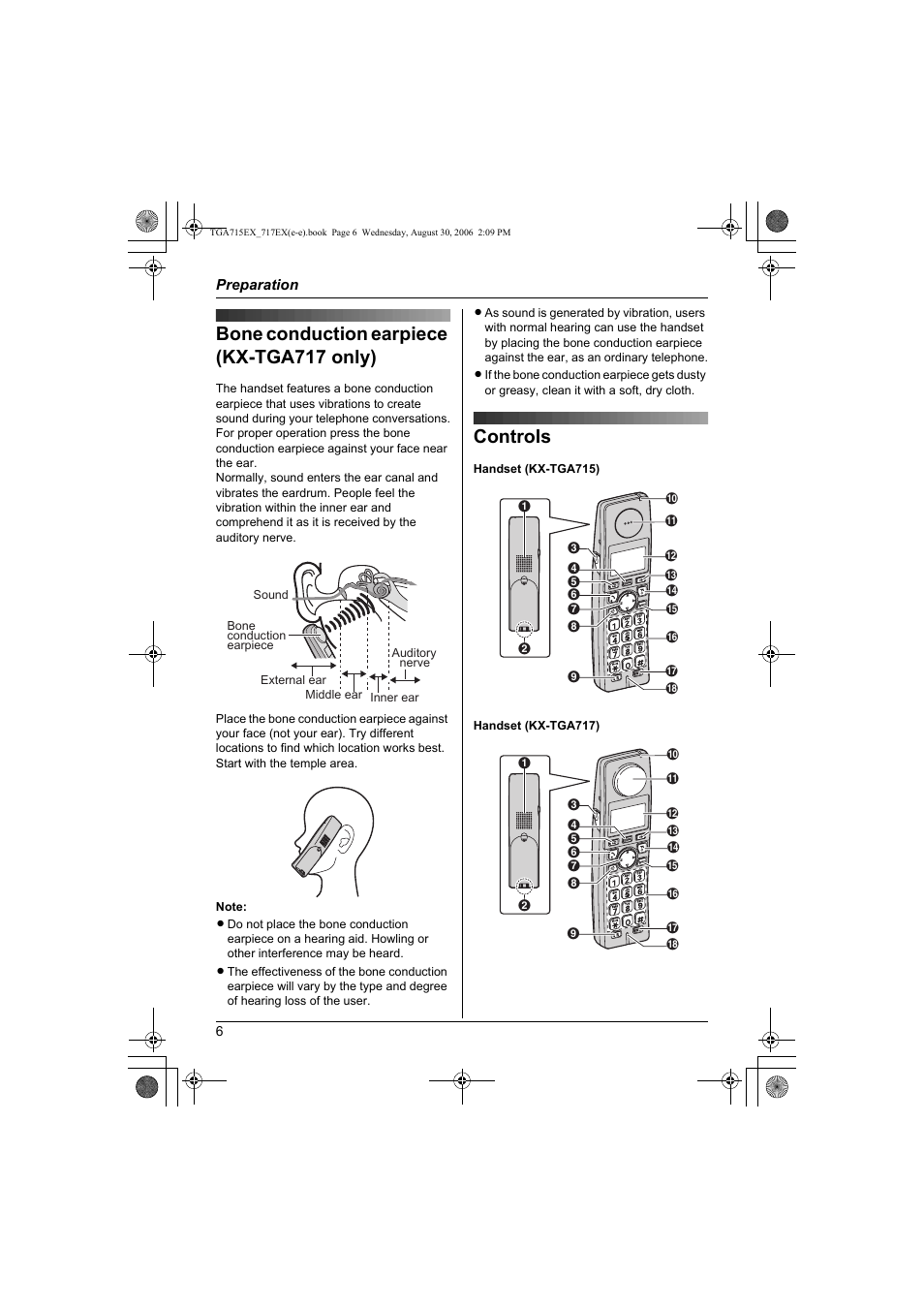 Bone conduction earpiece (kx-tga717 only) controls, Bone conduction earpiece (kx-tga717 only), Controls | Panasonic KXTGA717EX User Manual | Page 6 / 80