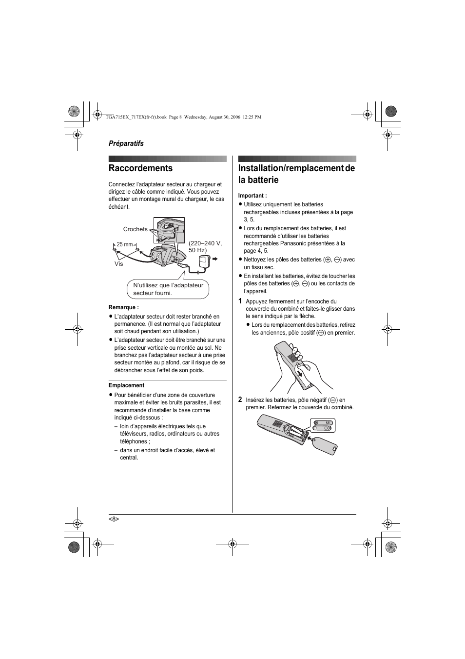 Raccordements, Installation/remplacement de la batterie | Panasonic KXTGA717EX User Manual | Page 60 / 80