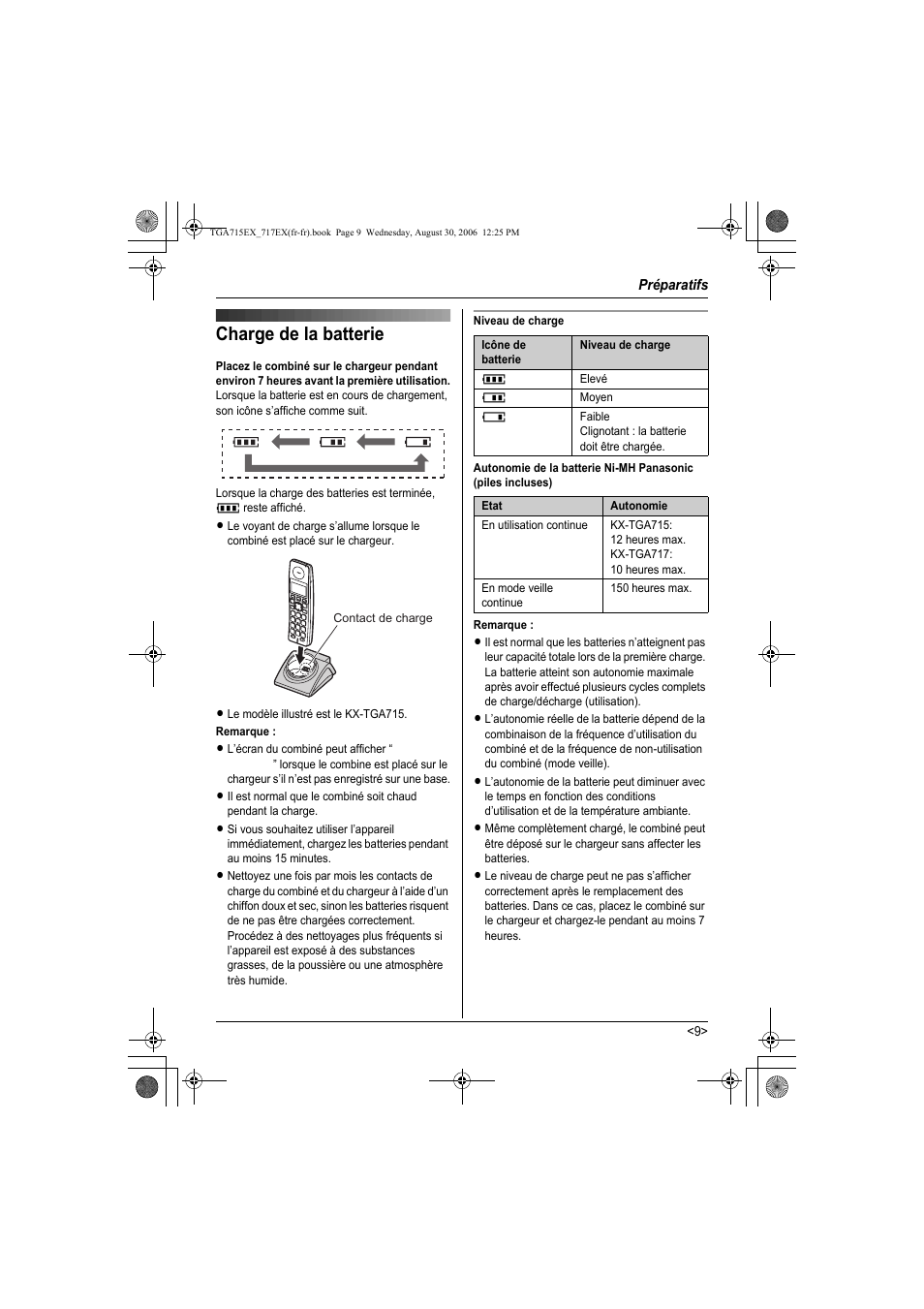 Charge de la batterie | Panasonic KXTGA717EX User Manual | Page 61 / 80