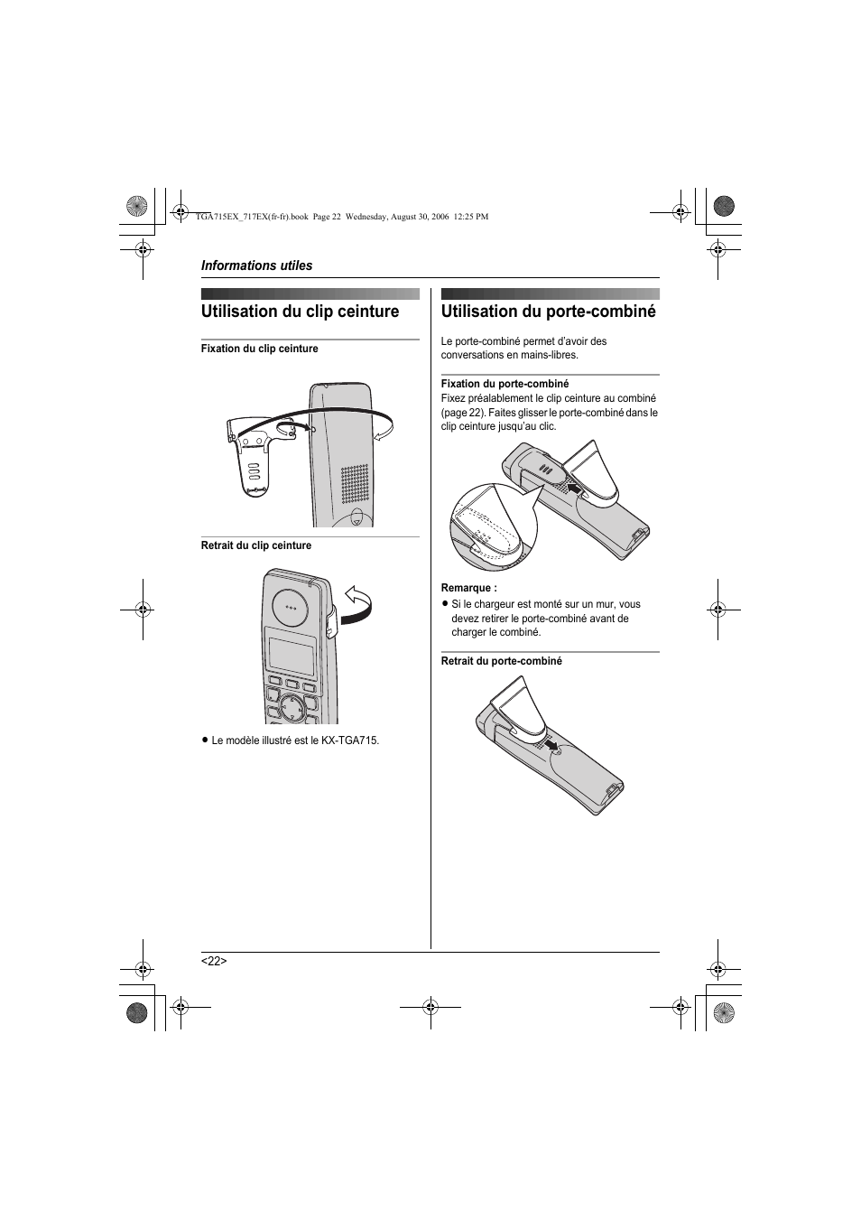 Informations utiles, Utilisation du clip ceinture, Utilisation du porte-combiné | Panasonic KXTGA717EX User Manual | Page 74 / 80