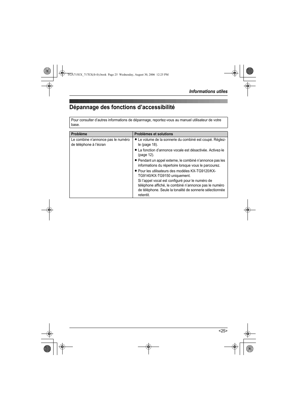 Dépannage des fonctions d’accessibilité | Panasonic KXTGA717EX User Manual | Page 77 / 80
