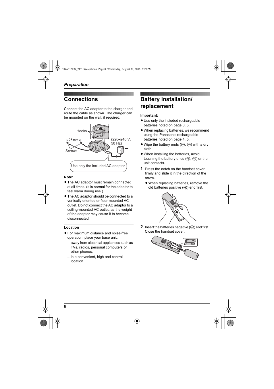 Connections battery installation/replacement, Connections, Battery installation/ replacement | Panasonic KXTGA717EX User Manual | Page 8 / 80