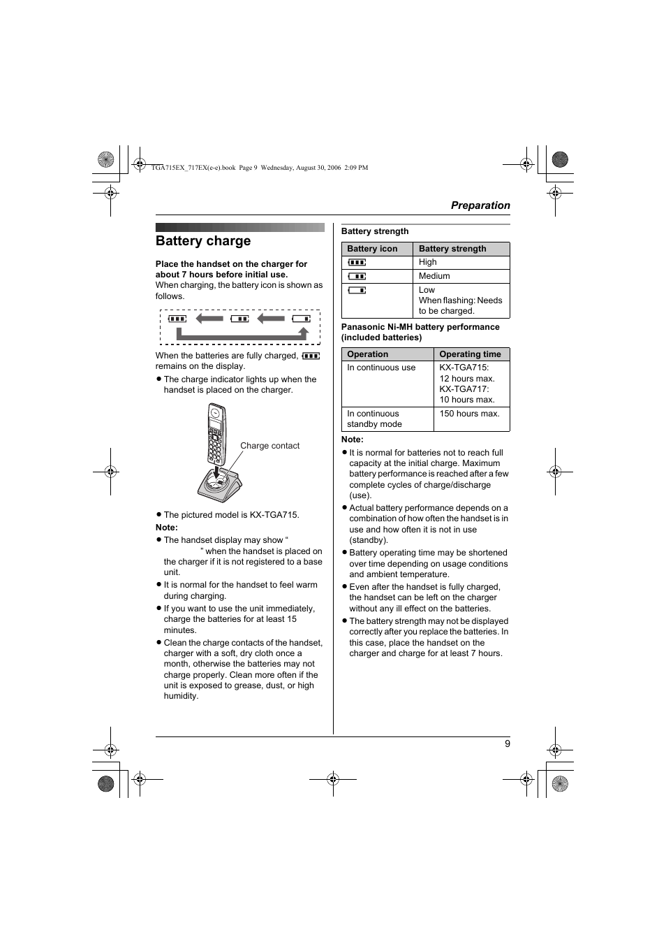 Battery charge | Panasonic KXTGA717EX User Manual | Page 9 / 80