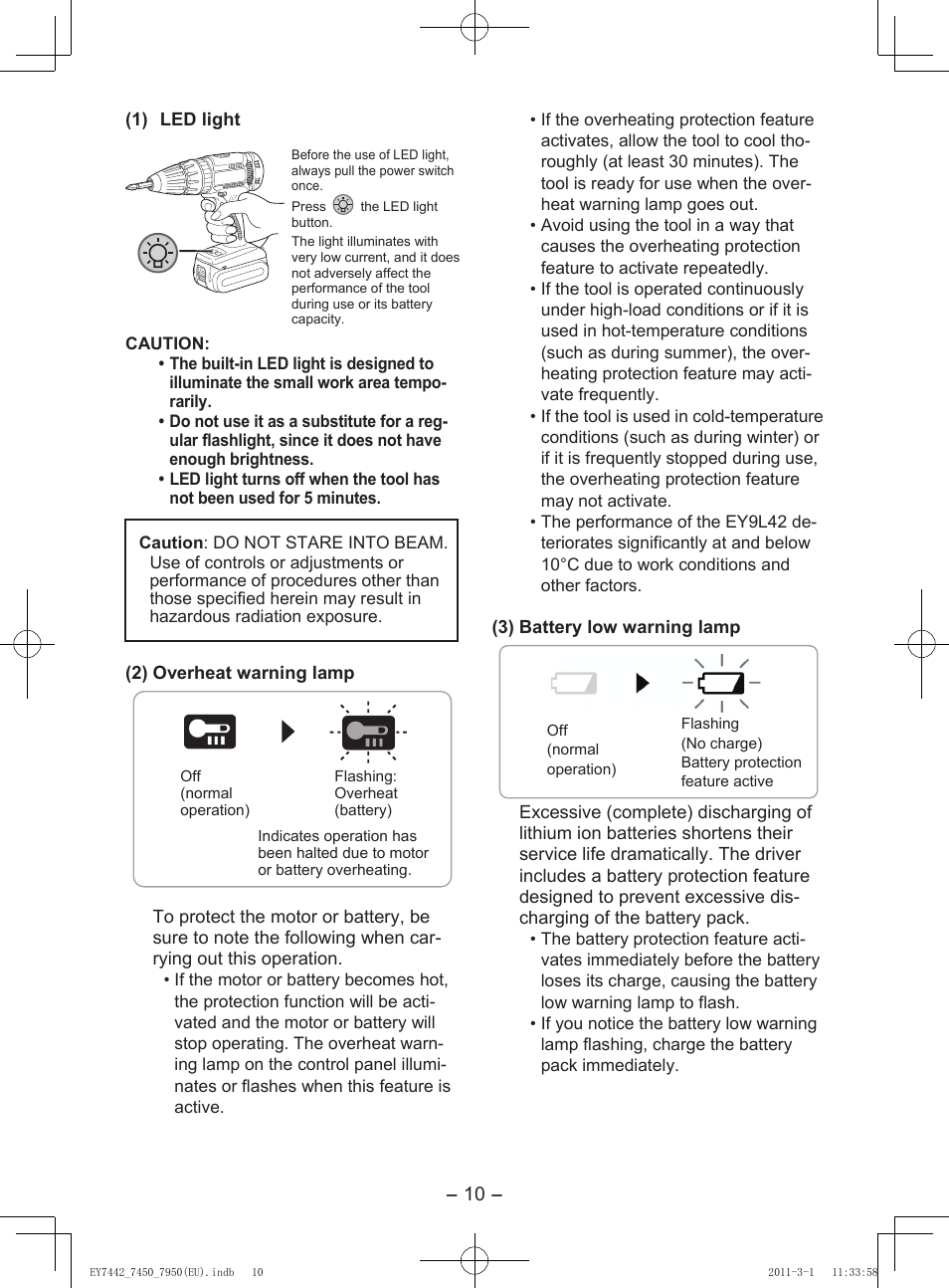 Battery pack] for appropriate use of battery pack, Battery charger] charging, Li-ion battery pack | Battery pack life, Battery recycling, Cautions | Panasonic EY7950 User Manual | Page 10 / 112