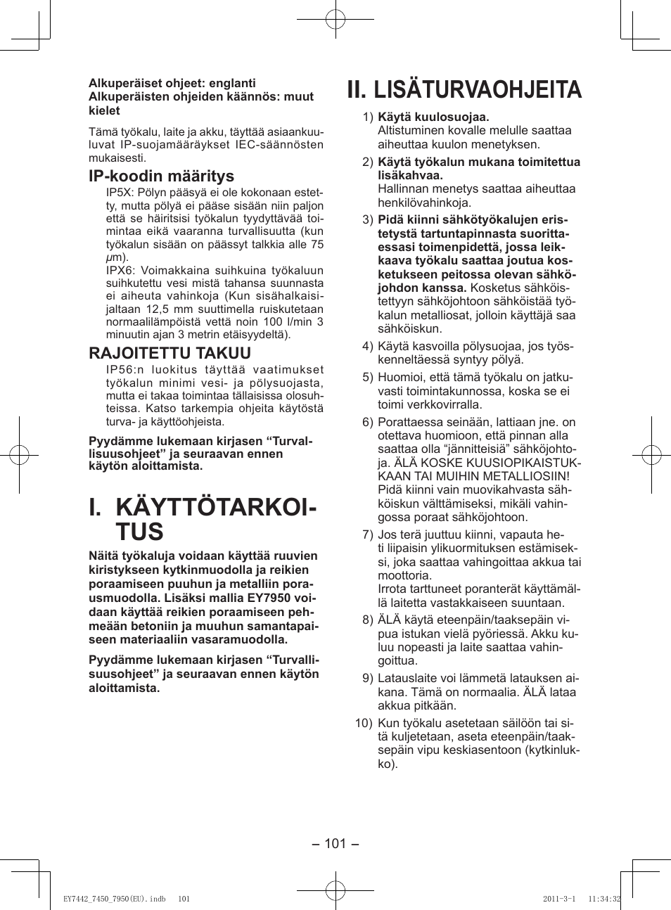 I. käyttötarkoi- tus, Ii. lisäturvaohjeita, Ip-koodin määritys | Rajoitettu takuu | Panasonic EY7950 User Manual | Page 101 / 112