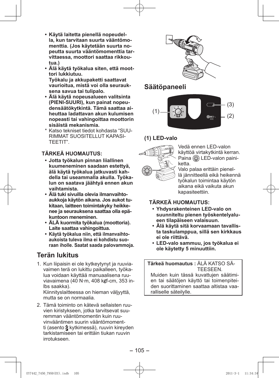 Terän lukitus, Säätöpaneeli | Panasonic EY7950 User Manual | Page 105 / 112