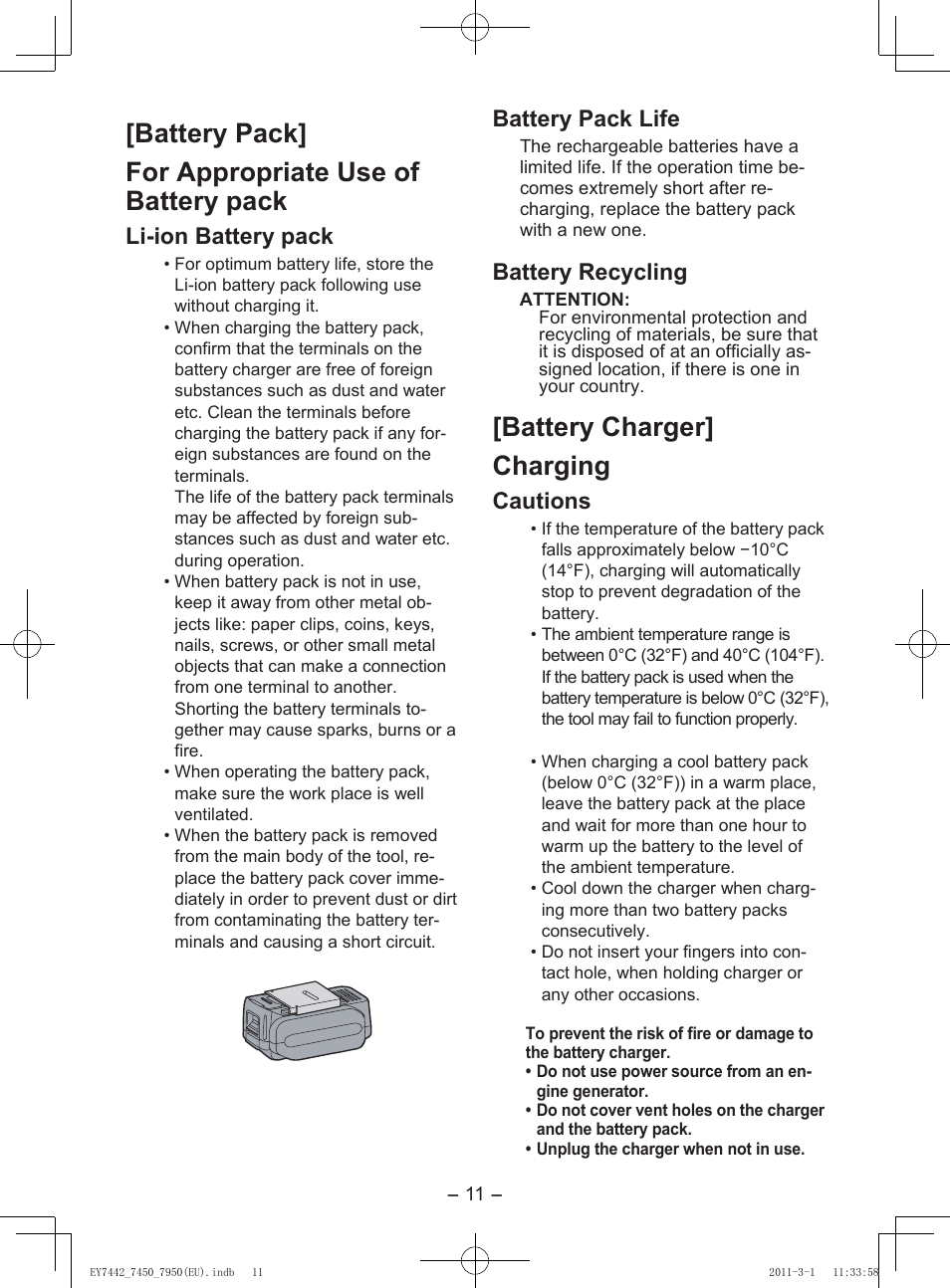 Battery pack] for appropriate use of battery pack, Battery charger] charging, Li-ion battery pack | Battery pack life, Battery recycling, Cautions | Panasonic EY7950 User Manual | Page 11 / 112