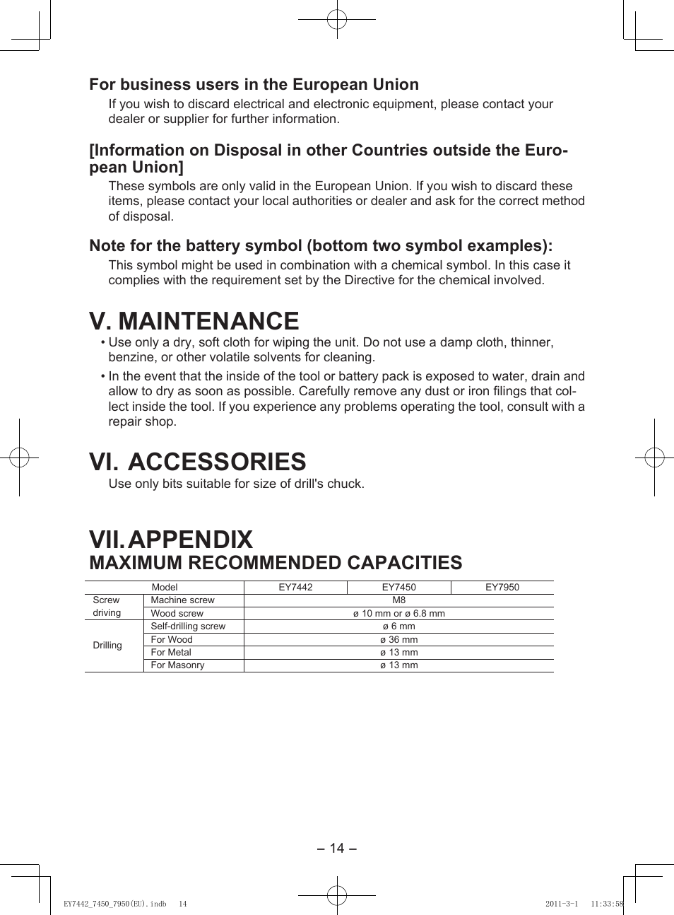 V. maintenance, Vi. accessories, Vii. appendix | Viii. specifications, Maximum recommended capacities, For business users in the european union, Main unit, Battery pack, Battery charger | Panasonic EY7950 User Manual | Page 14 / 112