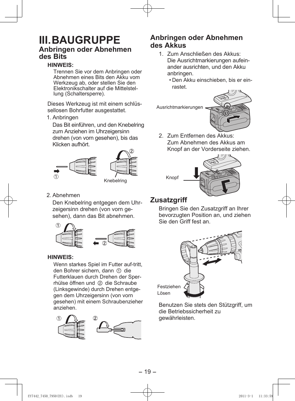 Iii. baugruppe, Anbringen oder abnehmen des bits, Anbringen oder abnehmen des akkus | Zusatzgriff | Panasonic EY7950 User Manual | Page 19 / 112