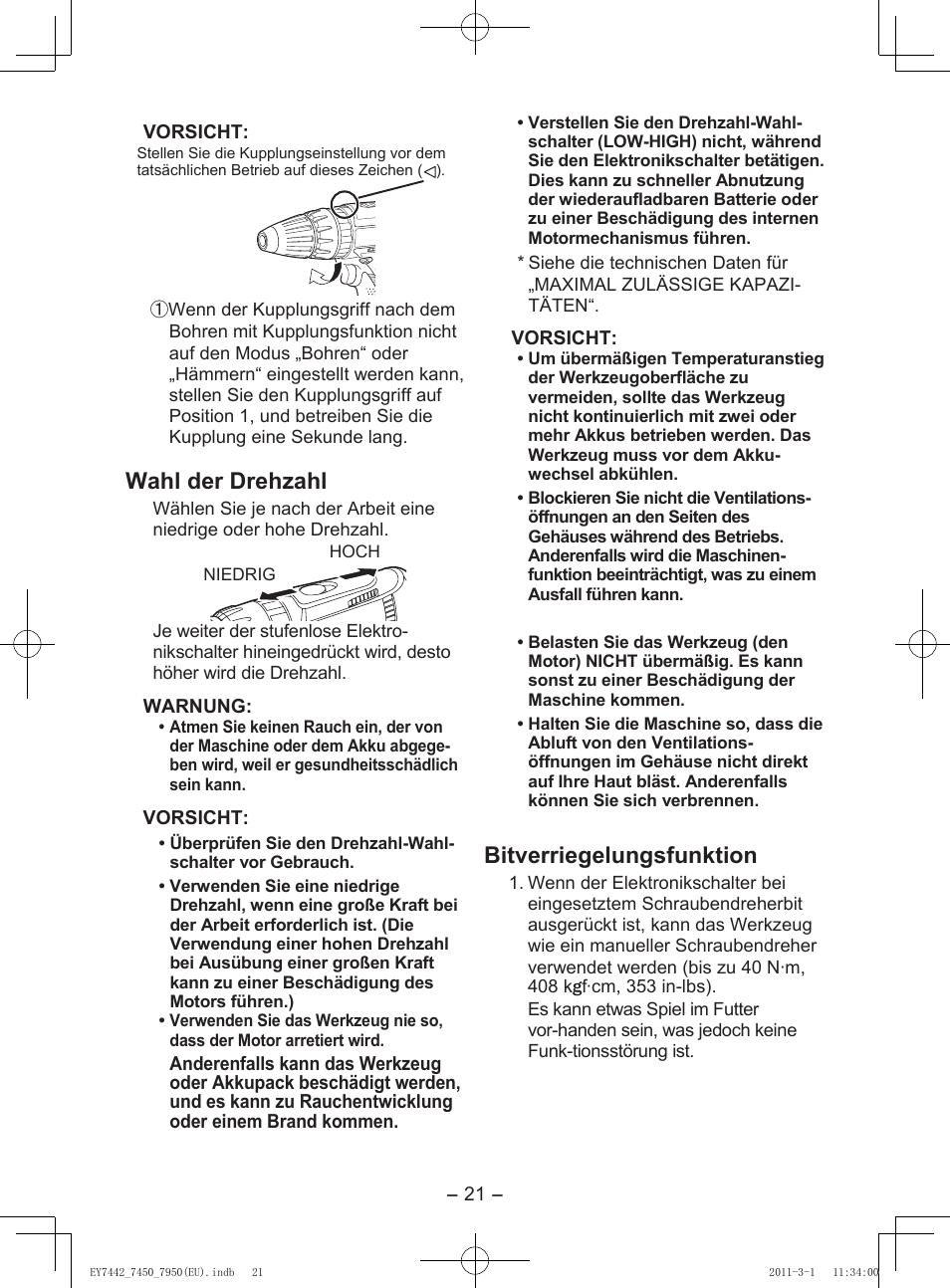 Iv. betrieb, Hauptteil, Schalterfunktion | Rechtslauf – schalterbetätigung, Linkslauf – schalterbetätigung, Einstellung des kupplungs- drehmoments, Wahl der drehzahl, Bitverriegelungsfunktion | Panasonic EY7950 User Manual | Page 21 / 112