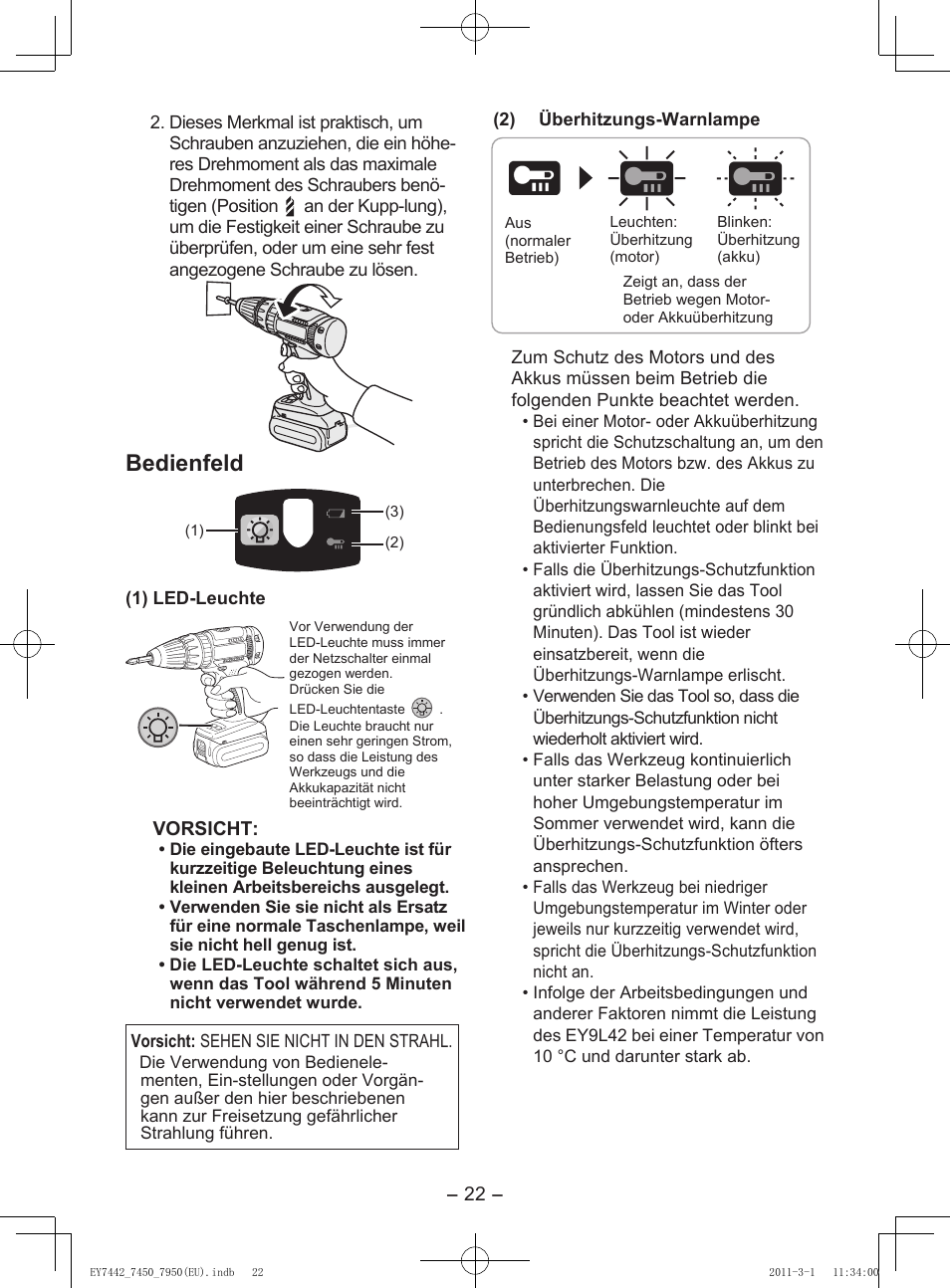 Akku] für richtigen gebrauch des akkus, Ladegerät] laden, Bedienfeld | Li-ion-akku, Lebensdauer des akkus, Batterie-recycling, Vorsicht | Panasonic EY7950 User Manual | Page 22 / 112