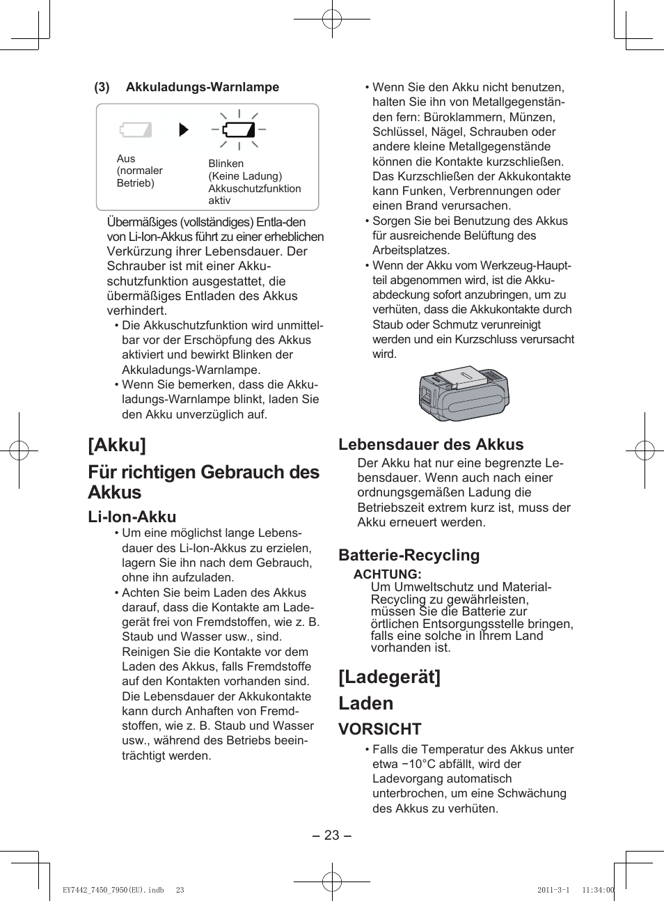 Akku] für richtigen gebrauch des akkus, Ladegerät] laden, Bedienfeld | Li-ion-akku, Lebensdauer des akkus, Batterie-recycling, Vorsicht | Panasonic EY7950 User Manual | Page 23 / 112