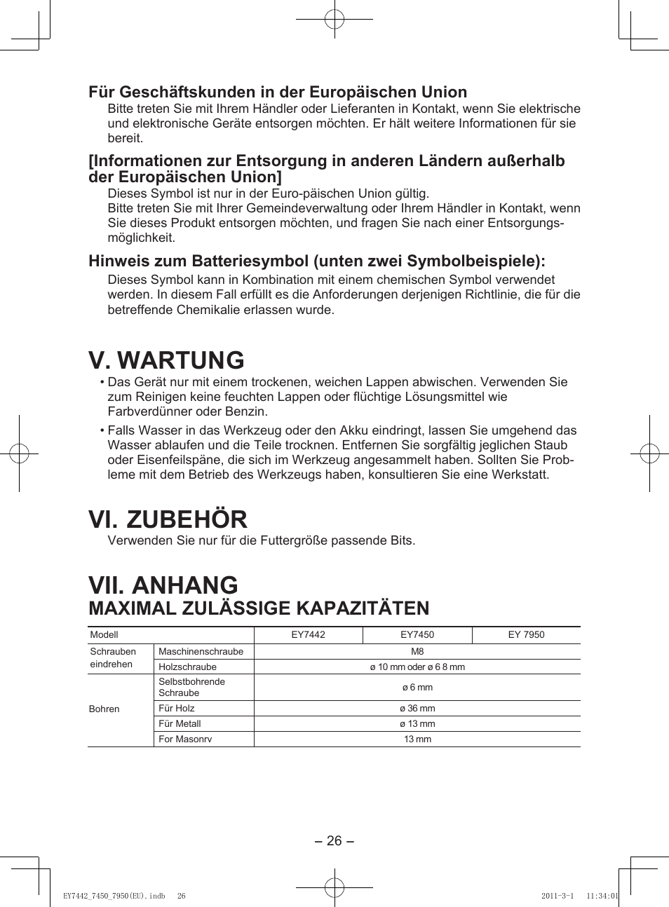 V. wartung, Vi. zubehör, Vii. anhang | Viii. technische daten, Maximal zulässige kapazitäten, Für geschäftskunden in der europäischen union, Hauptgerät, Akku, Akku-ladegerät | Panasonic EY7950 User Manual | Page 26 / 112