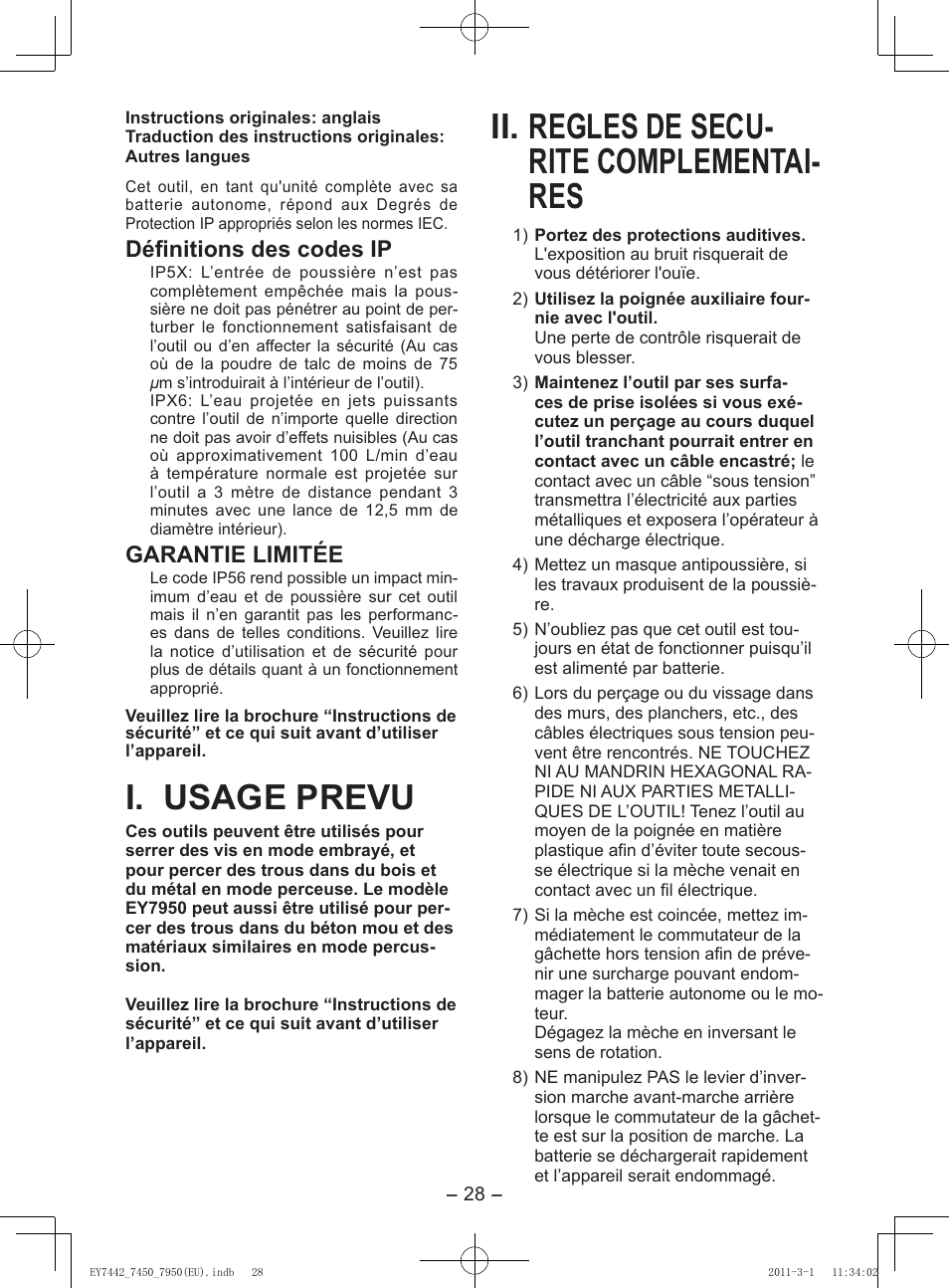 I. usage prevu, Ii. regles de secu- rite complementai- res, Définitions des codes ip | Garantie limitée | Panasonic EY7950 User Manual | Page 28 / 112