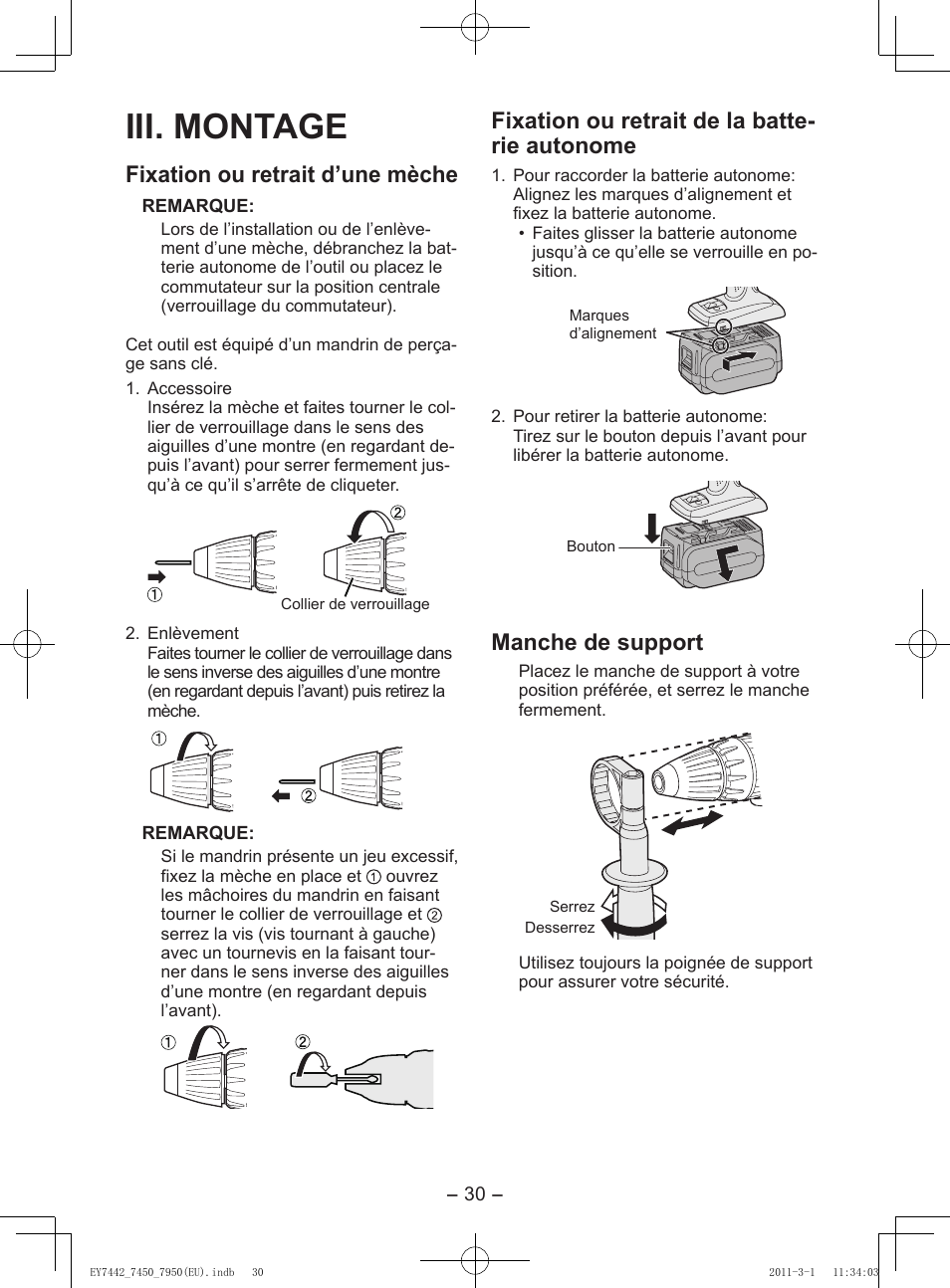 Iii. montage, Fixation ou retrait d’une mèche, Fixation ou retrait de la batte- rie autonome | Manche de support | Panasonic EY7950 User Manual | Page 30 / 112