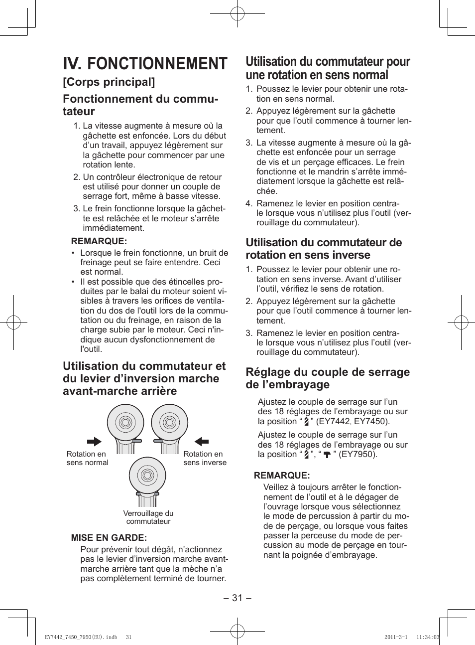 Iv. fonctionnement, Corps principal] fonctionnement du commu- tateur, Réglage du couple de serrage de l’embrayage | Panasonic EY7950 User Manual | Page 31 / 112