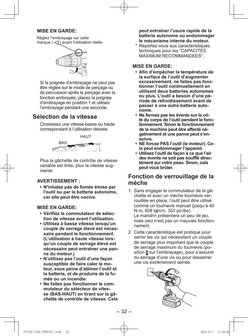 Sélection de la vitesse, Fonction de verrouillage de la mèche | Panasonic EY7950 User Manual | Page 32 / 112