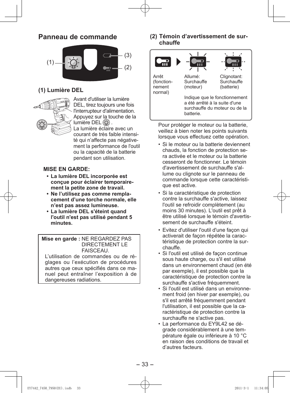 Panneau de commande | Panasonic EY7950 User Manual | Page 33 / 112