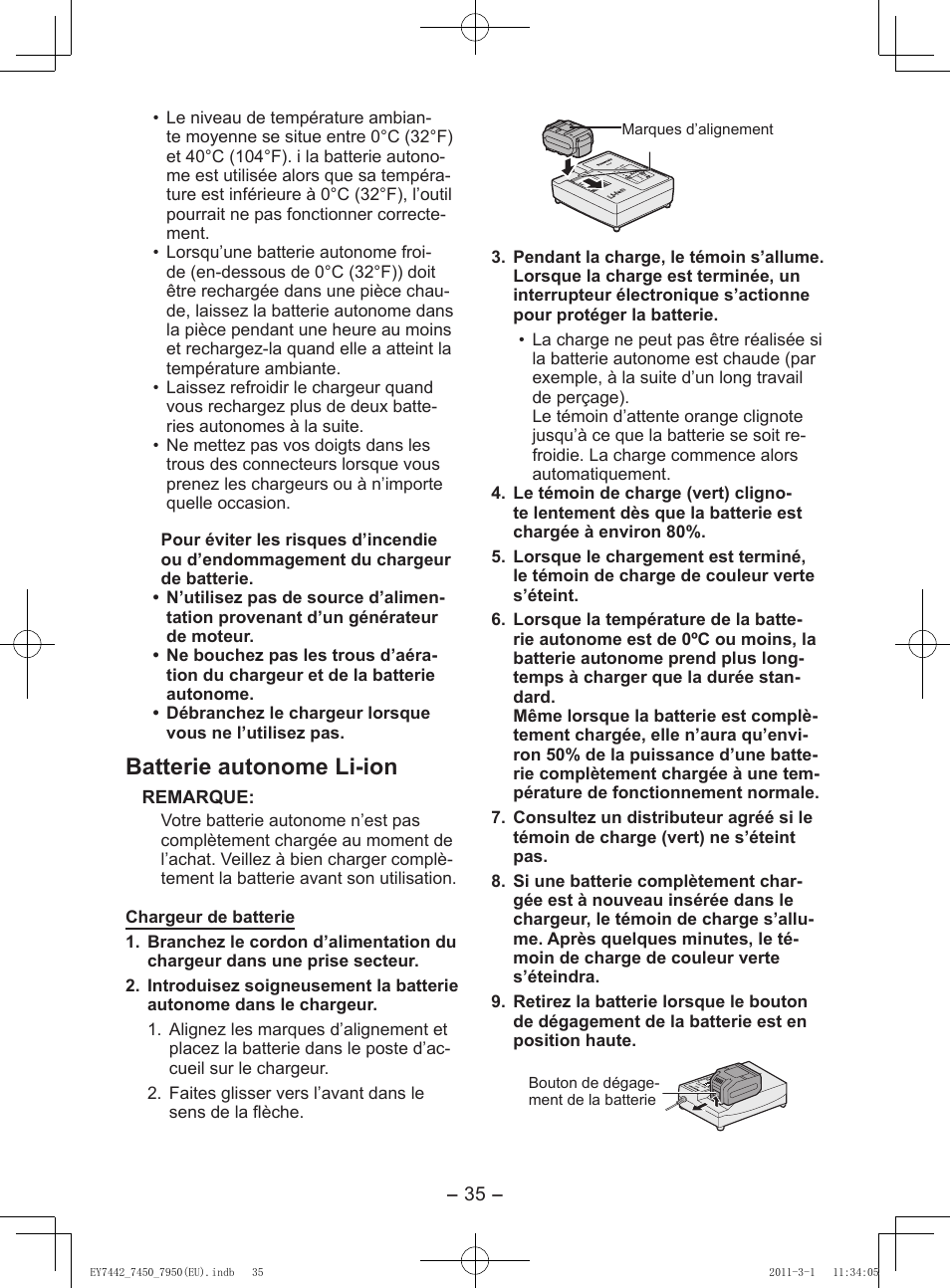 Batterie autonome li-ion | Panasonic EY7950 User Manual | Page 35 / 112