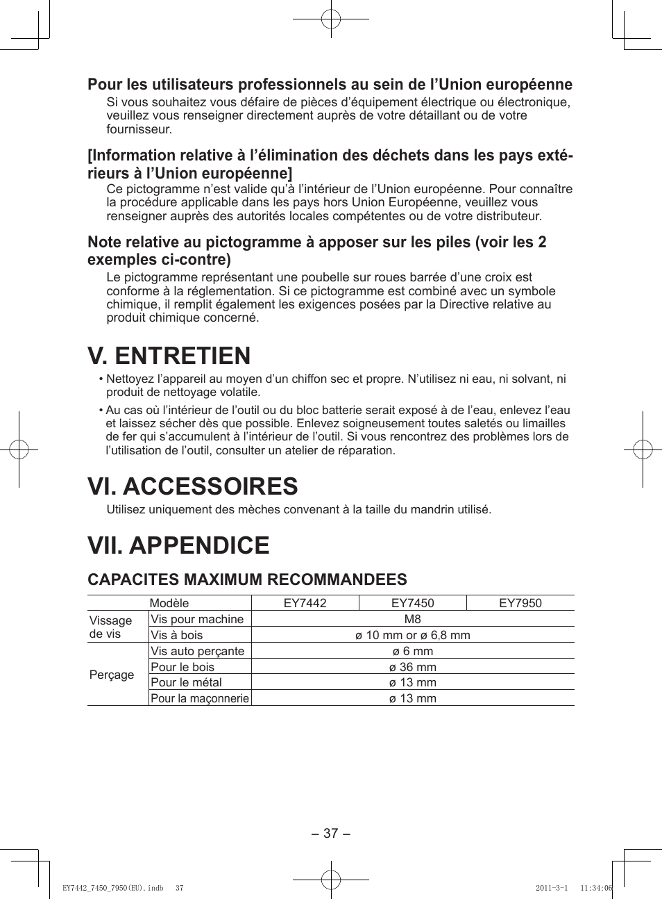 V. entretien, Vi. accessoires, Vii. appendice | Capacites maximum recommandees | Panasonic EY7950 User Manual | Page 37 / 112