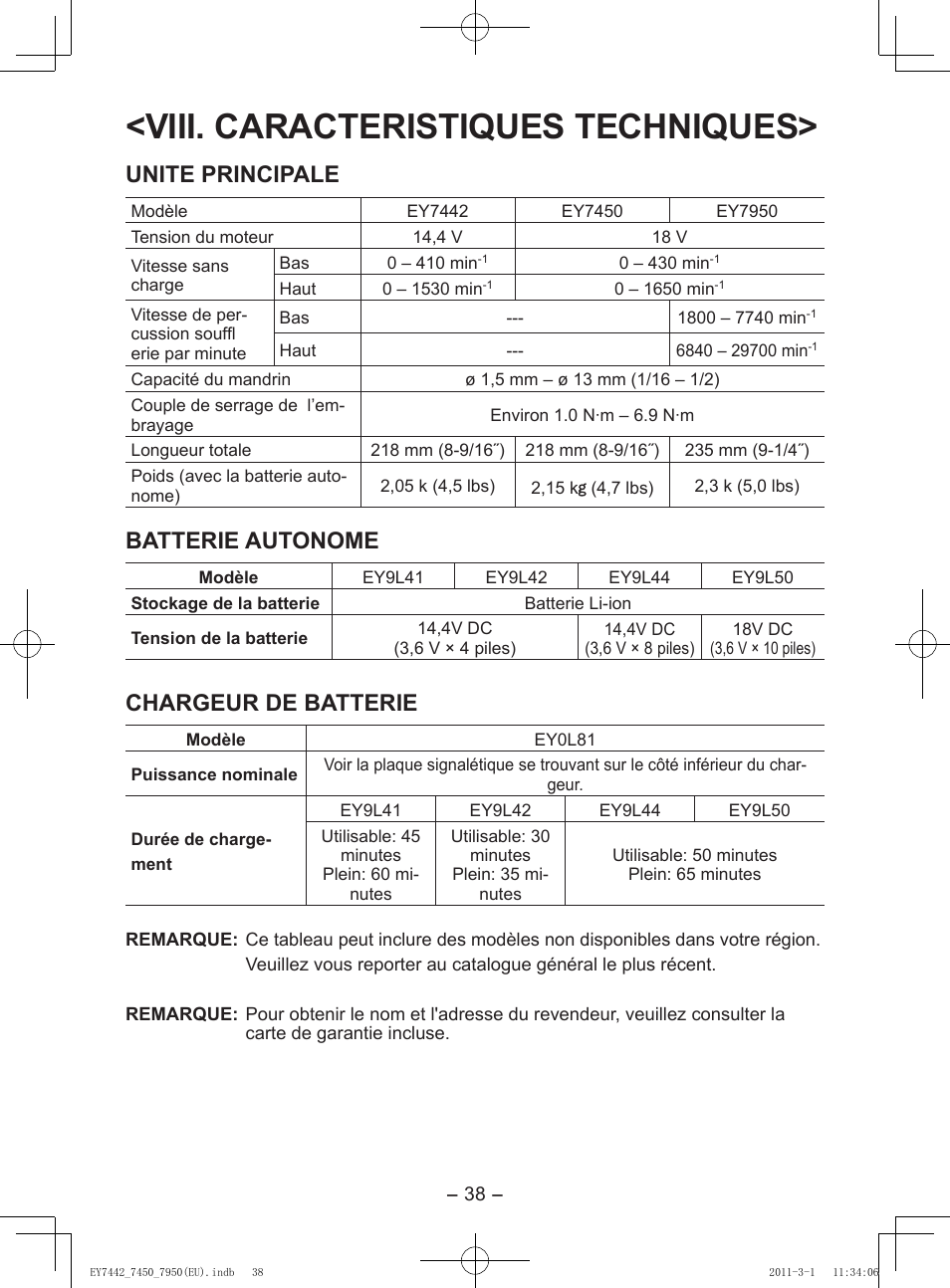 Viii. caracteristiques techniques, Unite principale, Batterie autonome | Chargeur de batterie | Panasonic EY7950 User Manual | Page 38 / 112