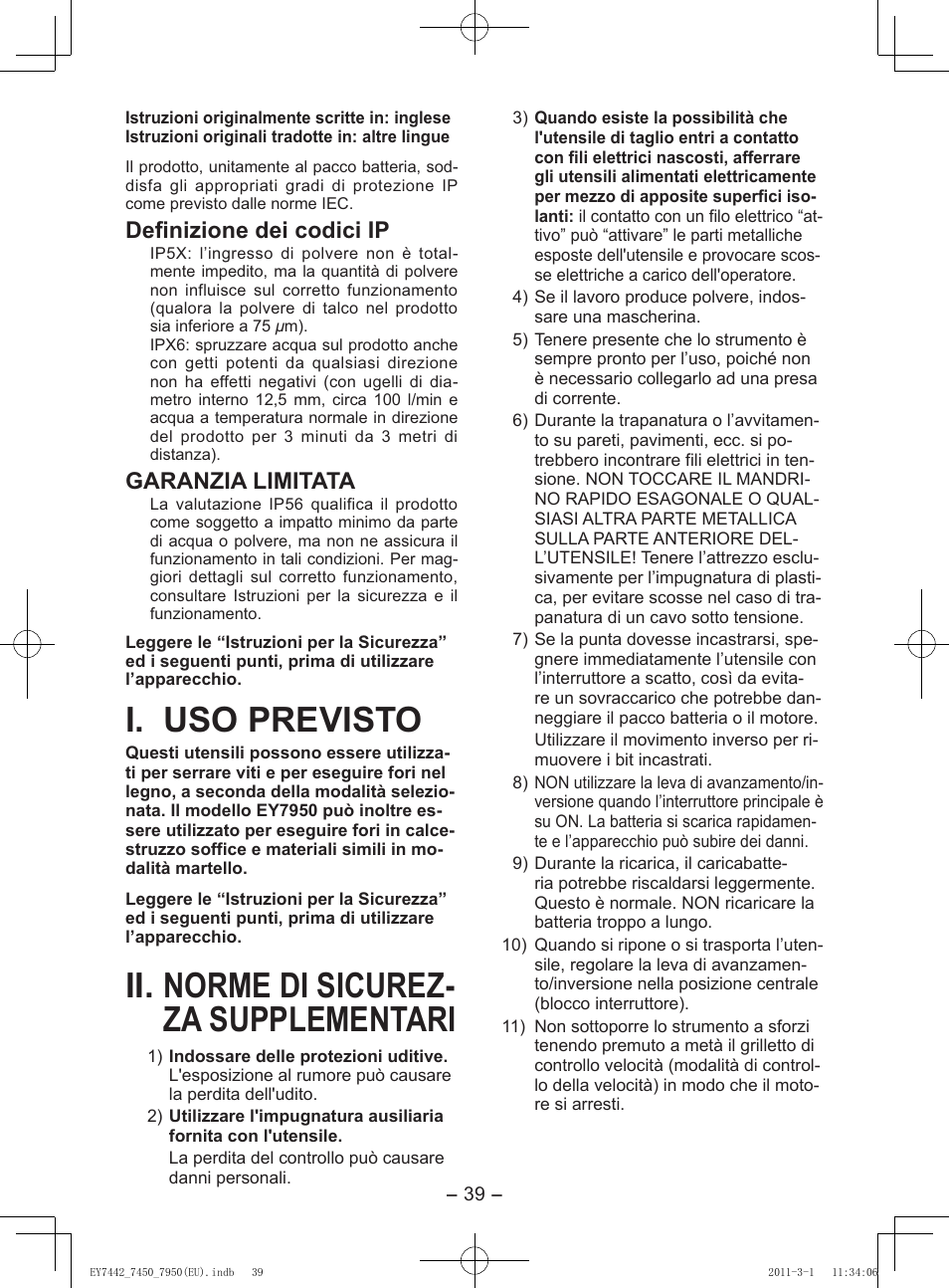 I. uso previsto, Ii. norme di sicurez- za supplementari, Definizione dei codici ip | Garanzia limitata | Panasonic EY7950 User Manual | Page 39 / 112