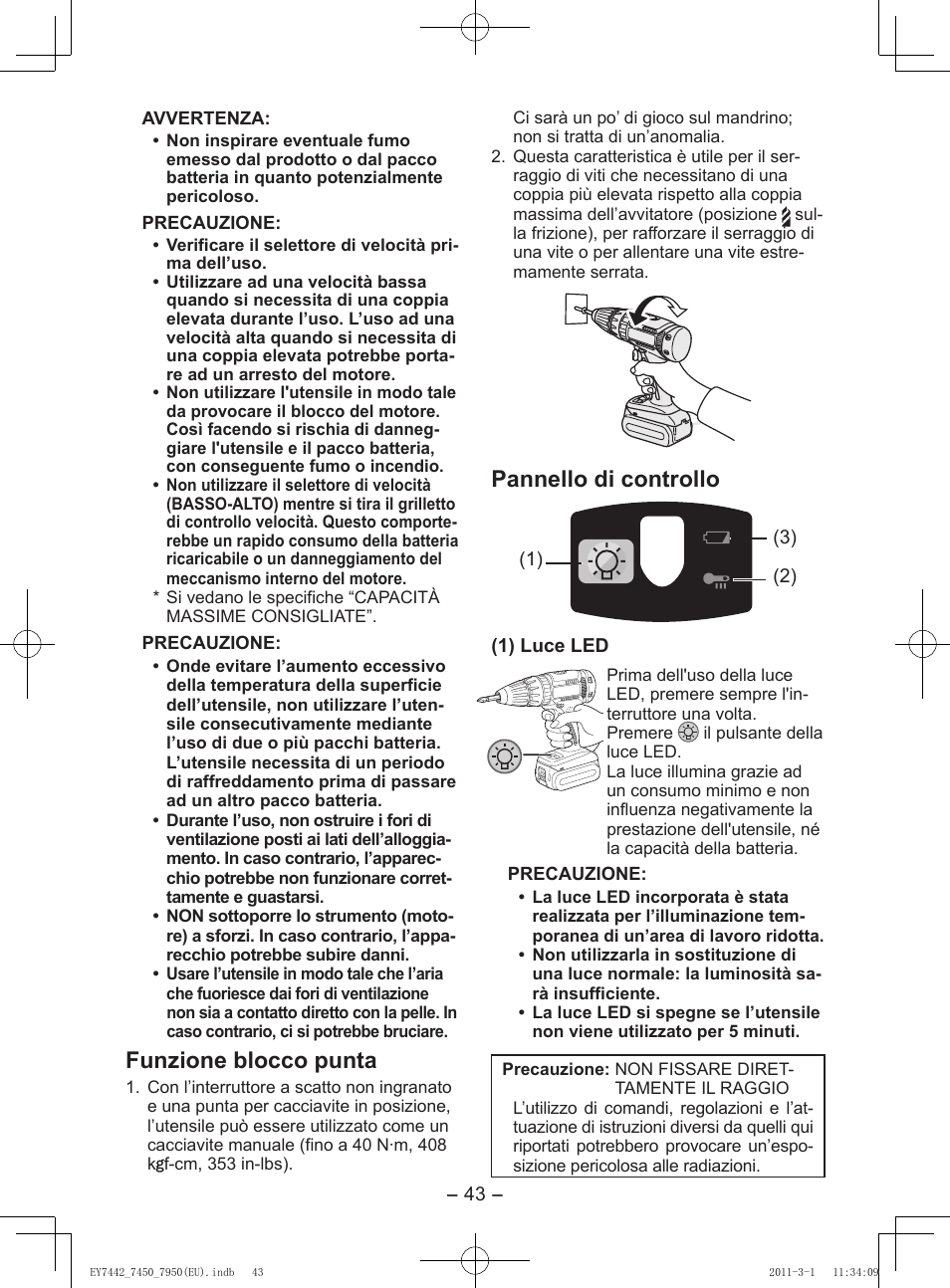 Funzione blocco punta, Pannello di controllo | Panasonic EY7950 User Manual | Page 43 / 112
