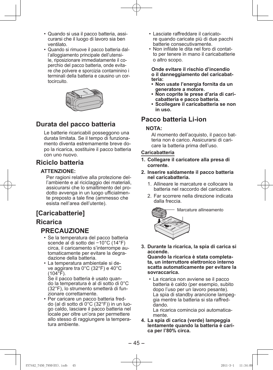 Durata del pacco batteria, Riciclo batteria, Caricabatterie] ricarica precauzione | Pacco batteria li-ion | Panasonic EY7950 User Manual | Page 45 / 112