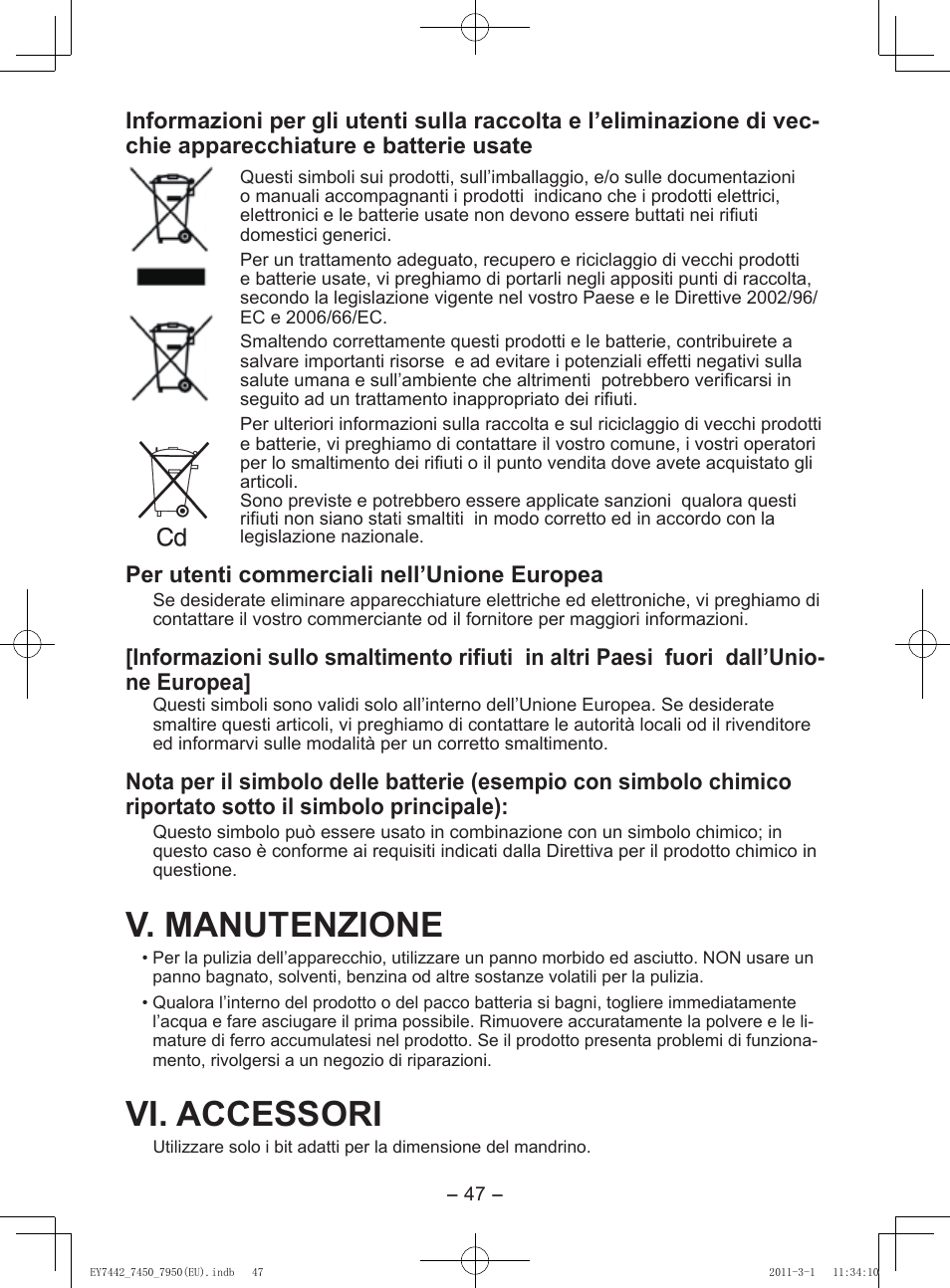 V. manutenzione, Vi. accessori, Per utenti commerciali nell’unione europea | Panasonic EY7950 User Manual | Page 47 / 112