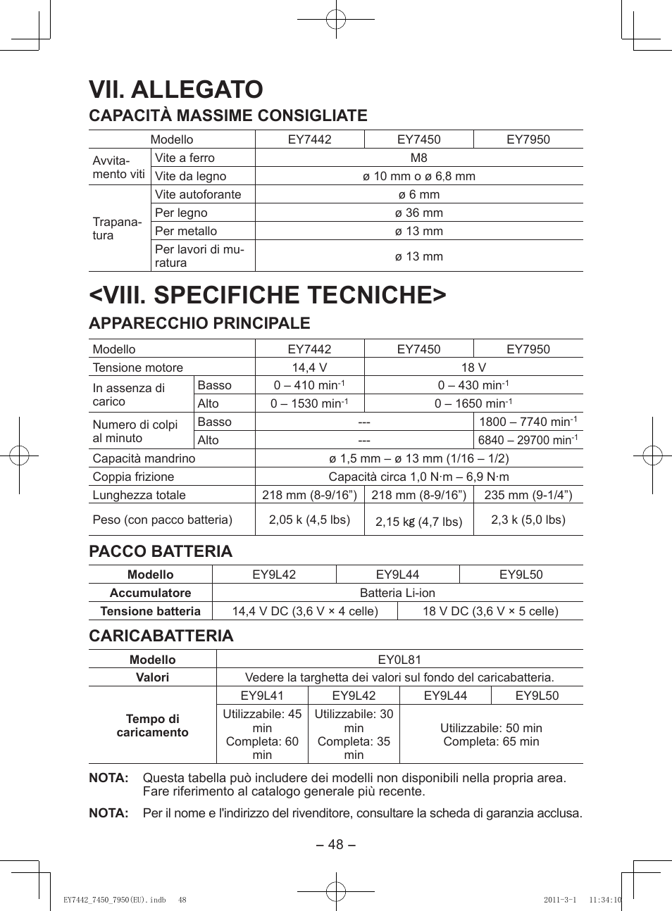 Vii. allegato, Viii. specifiche tecniche, Capacità massime consigliate | Apparecchio principale, Pacco batteria, Caricabatteria | Panasonic EY7950 User Manual | Page 48 / 112