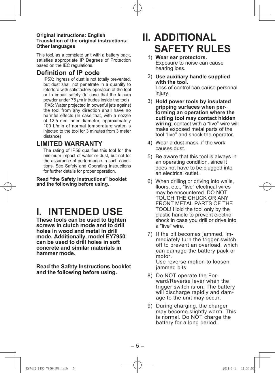 I. intended use, Ii. additional safety rules, Definition of ip code | Limited warranty | Panasonic EY7950 User Manual | Page 5 / 112