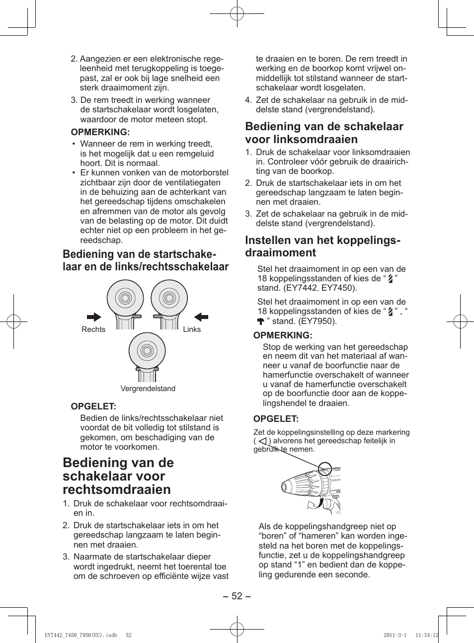 Bediening van de schakelaar voor rechtsomdraaien, Bediening van de schakelaar voor linksomdraaien, Instellen van het koppelings- draaimoment | Panasonic EY7950 User Manual | Page 52 / 112