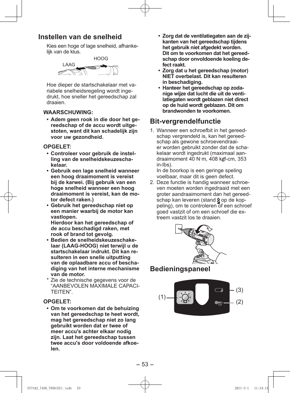 Instellen van de snelheid, Bit-vergrendelfunctie, Bedieningspaneel | Panasonic EY7950 User Manual | Page 53 / 112
