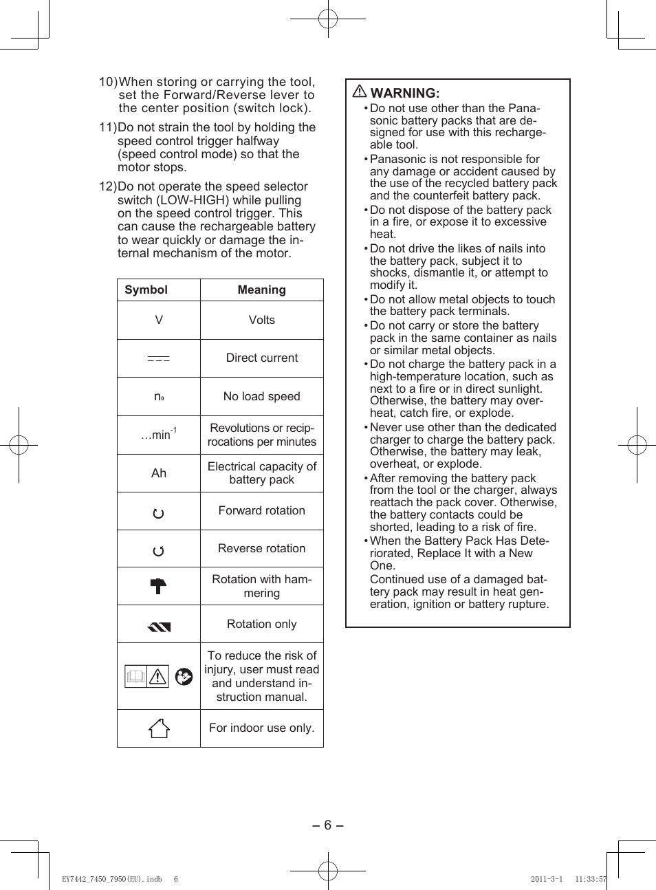 Iii. assembly, Attaching or removing bit, Attaching or removing bat- tery pack | Support handle | Panasonic EY7950 User Manual | Page 6 / 112