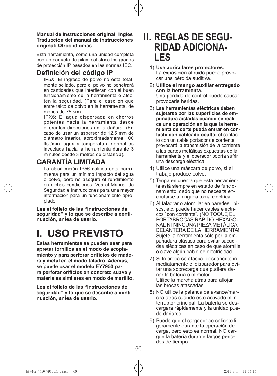 I. uso previsto, Ii. reglas de segu- ridad adiciona- les, Definición del código ip | Garantía limitada | Panasonic EY7950 User Manual | Page 60 / 112