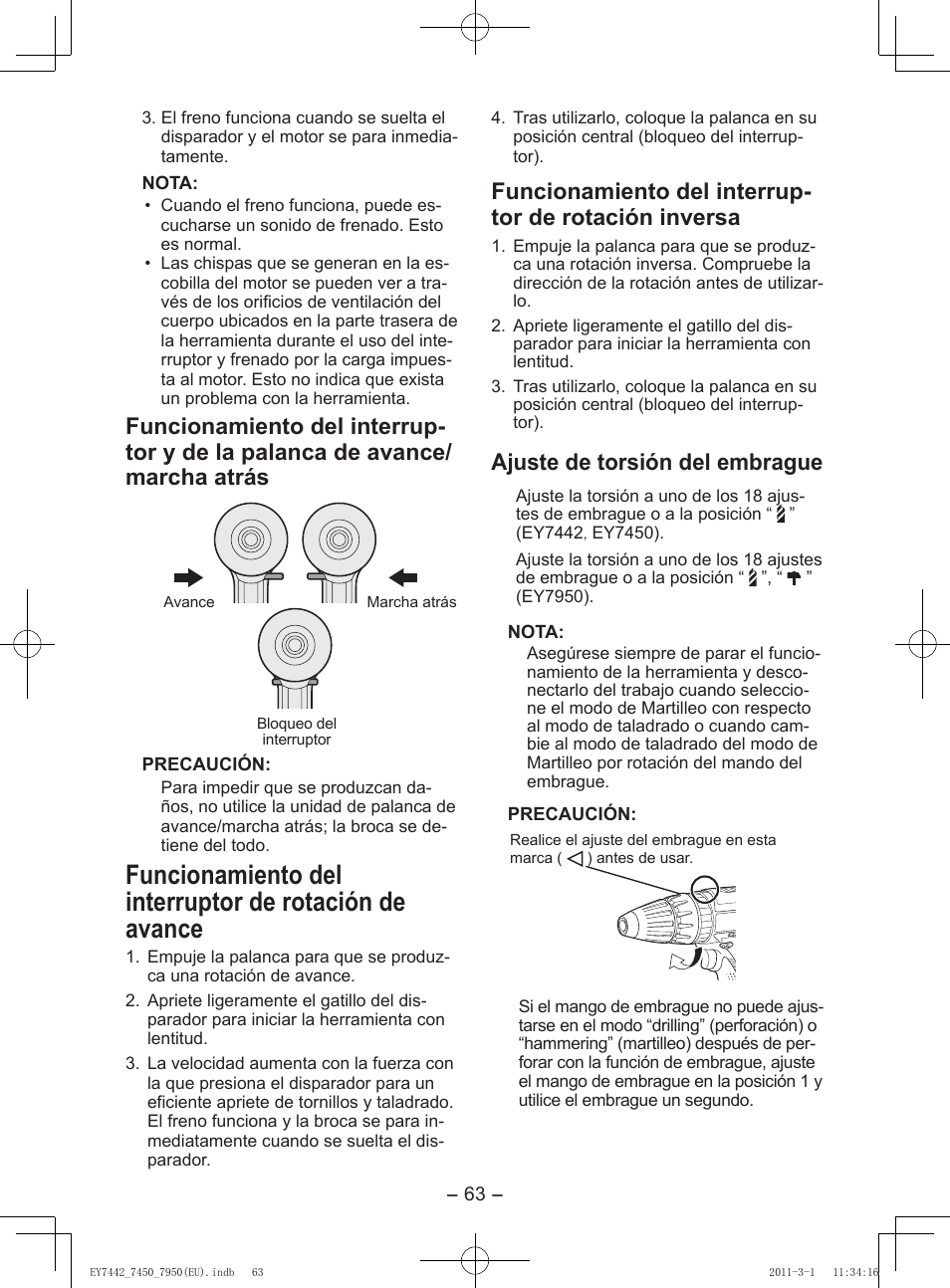 Ajuste de torsión del embrague | Panasonic EY7950 User Manual | Page 63 / 112