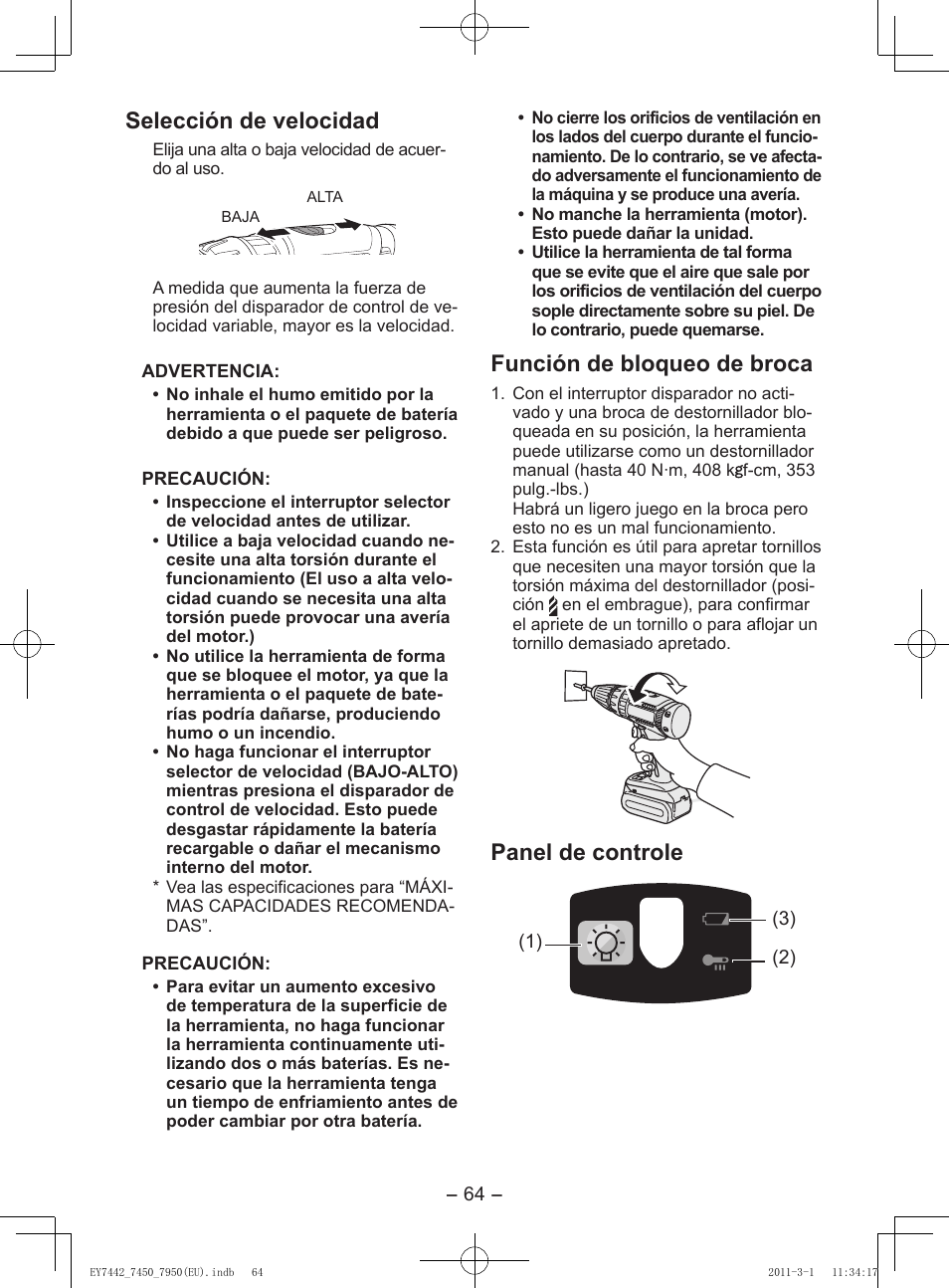 Selección de velocidad, Función de bloqueo de broca, Panel de controle | Panasonic EY7950 User Manual | Page 64 / 112