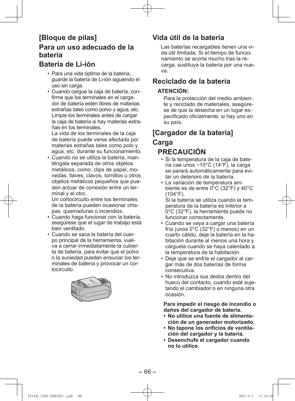Vida útil de la batería, Reciclado de la batería, Cargador de la batería] carga precaución | Panasonic EY7950 User Manual | Page 66 / 112