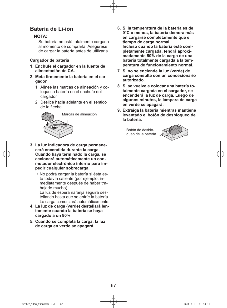 Batería de li-ión | Panasonic EY7950 User Manual | Page 67 / 112